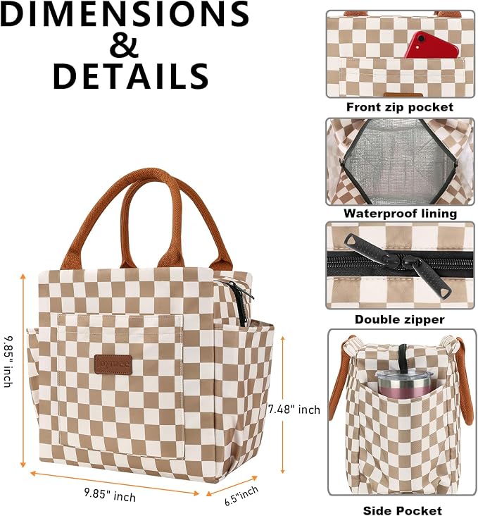 Joymee Lunch Bag Women, Reusable Leakproof Cooler Tote - Checker Brown | Spacious Storage, Bottle Holder & Pockets, Leakproof Insulated, for Work, Travel, Picnic, Daily Use, for Adult