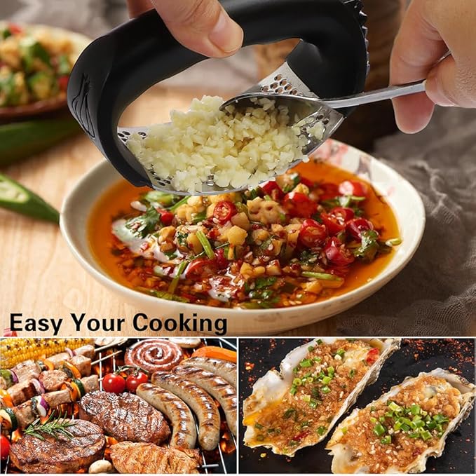 2024 Upgraded Garlic Press - Stainless Steel Rocker, Cool Kitchen Gadget, Mini Garlic Chopper - Black