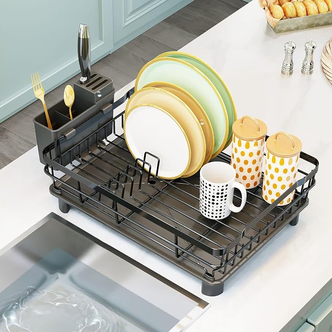 GAXmi Dish Drying Rack with Drainboard for Kitchen Countertop 1-Tier Black | With utensil holder, Over the sink, Quick drainage, Space-saving, Large capacity