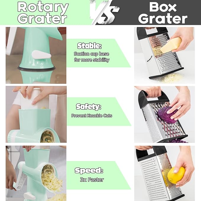 Cheese Grater with Handle,Multifunctional Rotary Cheese Grater,Kitchen Cheese Shredder Can Easily Chop Vegetables,Potatoes,Carrots,Etc.The Suction Cup is Stable and Easy to Clean (light green)