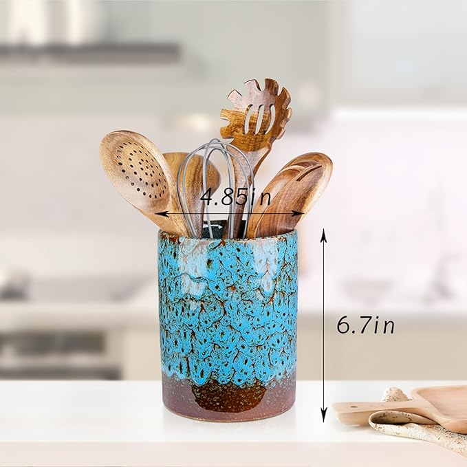 Utensil Holder, Blue Ceramic Kitchen Utensil Holder for Countertop, Large Cooking Utensil Crocks for Kitchen Counter, Morden Utensil Organizer for Spatula, kitchen Decor