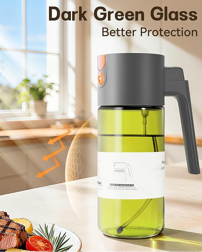 OURCABECUE Upgrade 2 in 1 Oil Sprayer for Cooking, 17oz Light-Blocking Glass Olive Oil Dispenser Bottle for Kitchen,Food-Grade Oil Mister with 8 Stickers for Salad, Frying (Green Bottle-Grey Gap)