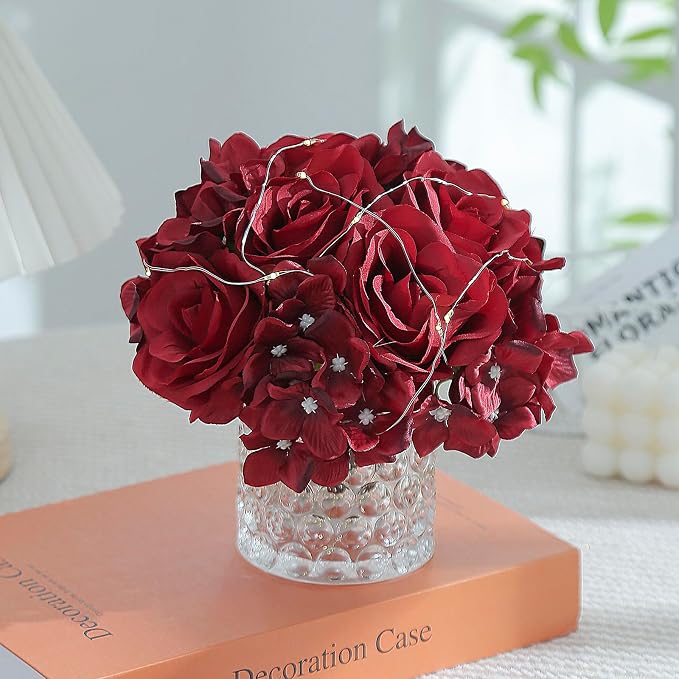 Rose Silk Flower Arrangement Artificial Vivid Rose in Glass Vase with LED Light Elegant Centerpiece for Home Wedding Bathroom Table Shelf Decoration (Dark Red)