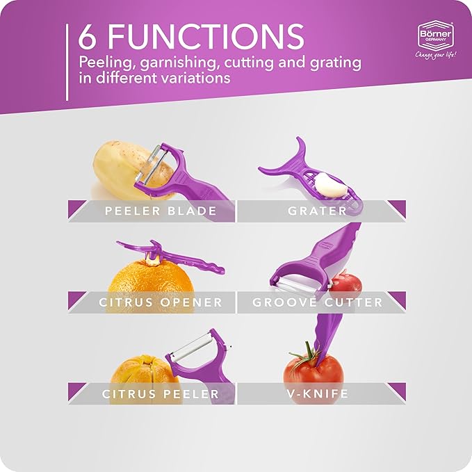 Borner 6-in-1 Fruit and Vegetable Peeler with Stainless Steel Double-Edged Blade, Multi function with Corer, Potato Eye Remover and Mini Grater, Made in Germany, Purple