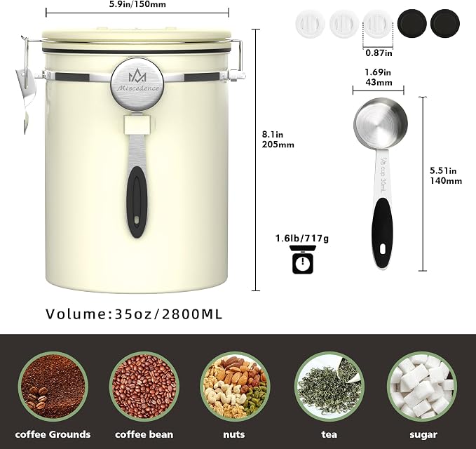38OZ Coffee Canister for ground coffee with Date Tracker,beige 304 Stainless Steel Kitchen Food Airtight storage container for Coffee Beans or Grounds, Tea, Sugar