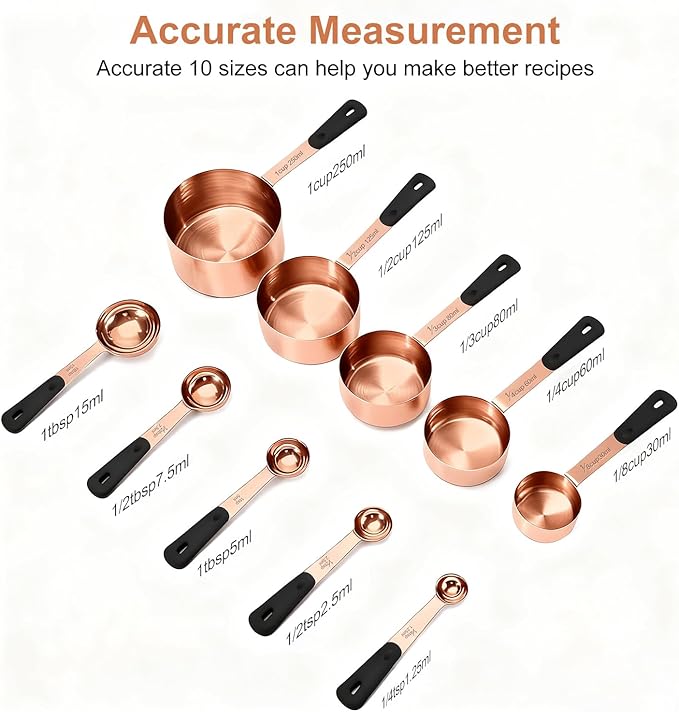 Bopei Measuring Cups and Spoons Set, Rose Gold Plated Stainless Steel 10 Piece for Cooking and Baking (5 Cups + 5 Spoons RoseGold)