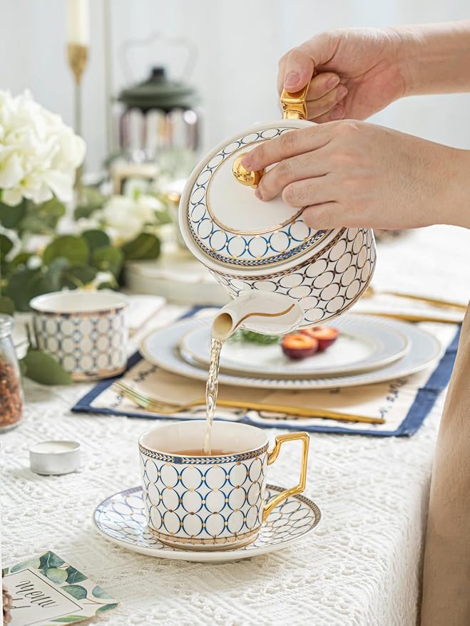 CwlwGO-7 Oz Bone China Blue Tea Cup and Saucer Service for 4,Afternoon Porcelain Tea Set with Teapot,Tea Sets For Women Tea Party.