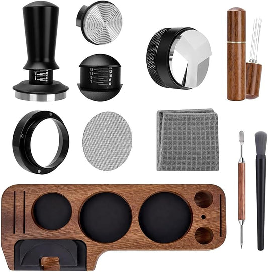 9 Pack Espresso Tamper Station&Coffee Distributor Tamper&Espresso WDT Stirrer&Coffee Tamping&Brush&Coffee Dosing Funnel&Espresso Puck Screen, Latte Art pen and Towel (58 mm)