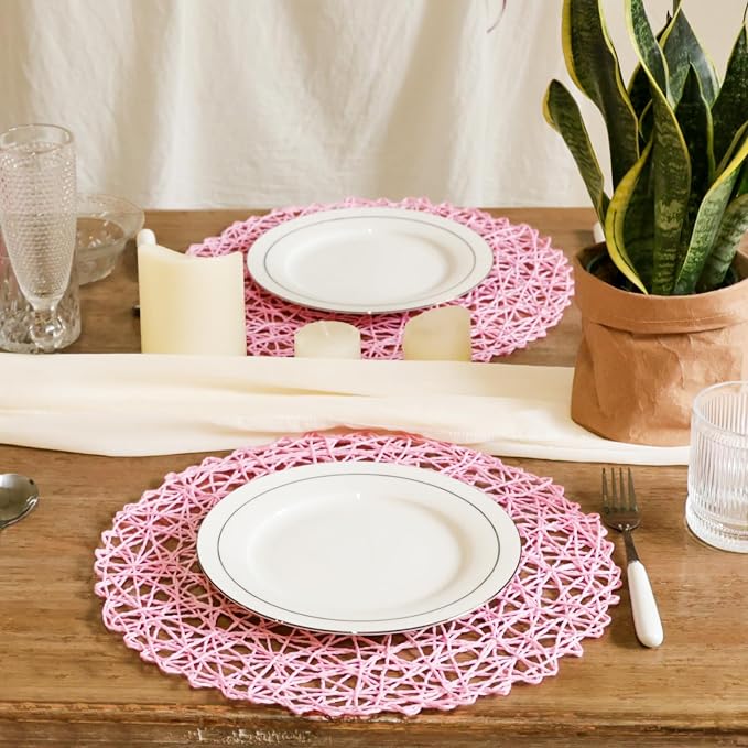 AHHFSMEI Paper Braided Round Placemats Set of 6 Natural Non-Slip Heat Resistant Table Mats for Dining Tables Woven Indoor Outdoor Place mats(Pink)