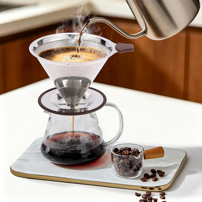 Pour Over Coffee Dripper, Stainless Steel Coffee Filter, Paperless Reusable Coffee Filter, Metal 600 Mesh Strainer Coffee Maker Single Cup Brewer (1-4 Cups)