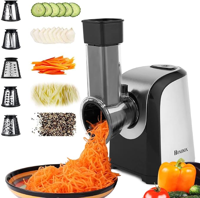 Homdox Electric Salad Maker, Professional Slicer Shredder Greater Electric Cheese Grater Salad Maker Machine Carrot Slicer with 4 Stainless Steel Rotary Blades, One-Touch Control, 150W