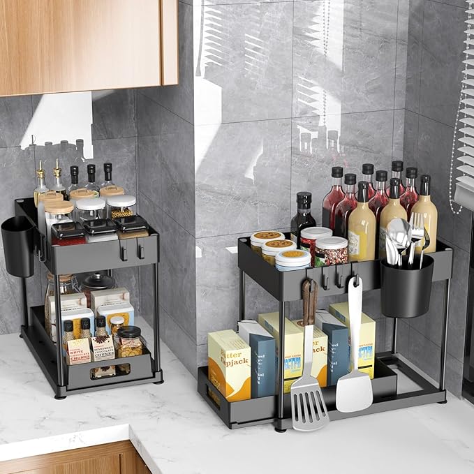 2 Pack Under Sink Organizer with Pull-Out Drawer, 2-Tier Cabinet Storage for Kitchen & Bathroom, Tool-Free Assembly, Fits Cleaning Supplies & Toiletries, Space Saving for Small Cabinets, Black