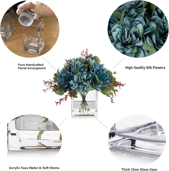 ENOVA FLORAL Mixed Artificial Daisy Floral Arrangements with Vase, Table Centerpieces for Dining Room, Silk Daisy in Glass Vase with Faux Water for Home Decor, Wedding Centerpieces (Blue)