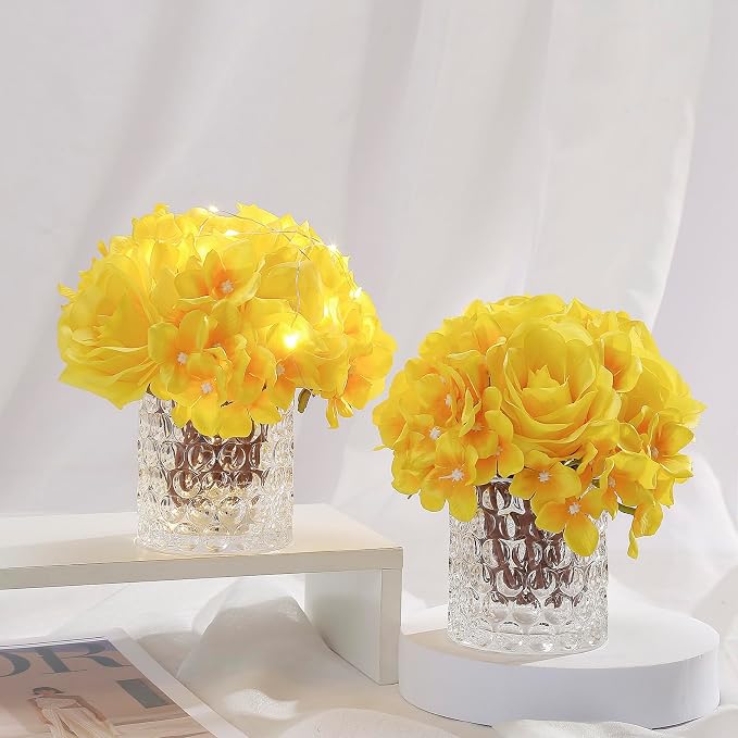 Rose Silk Flower Arrangement Artificial Vivid Rose in Glass Vase with LED Light Elegant Centerpiece for Home Wedding Bathroom Table Shelf Decoration (Yellow)