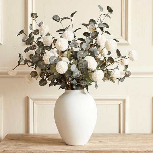 White Artificial Flowers & Greenery With Vase, Faux Floral Arrangement Centerpiece for Dining Table, Realistic Silk Flowers With Modern Vase for Kitchen, Living Room, Bedroom, Entryway & Bathroom