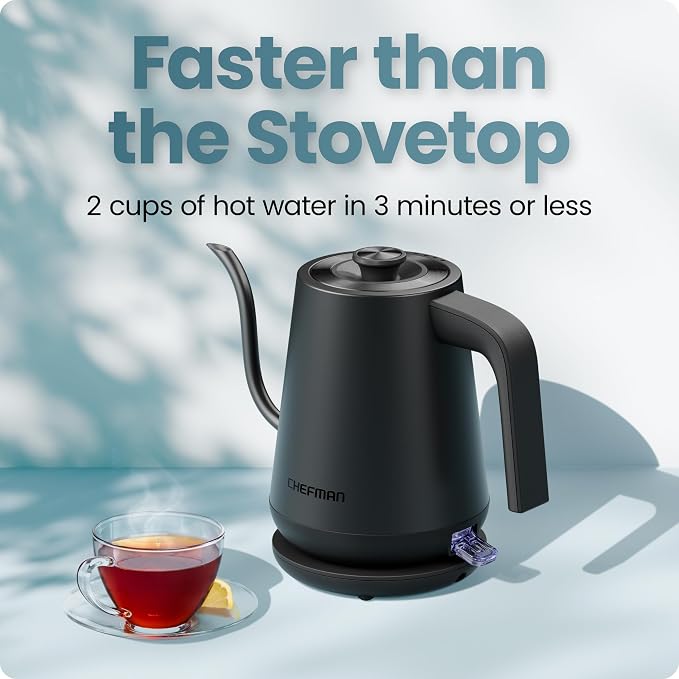 Chefman Gooseneck Electric Kettle, 0.8L Pour Over, Black | One-Touch Operation, Boil-Dry Protection, Auto Shut-Off, Ultra-Fast Hot Water Boiler, For Coffee and Tea