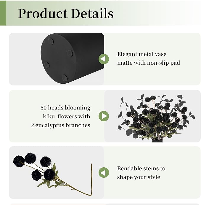 BLOSMON Black Flowers Artificial for Table: Metal Vase with 12 Stems of Fake Mums Eucalyptuses Centerpieces for Dining Room - Faux Silk Pom Poms Floral Arrangements Black Kitchen Home Decor Indoor