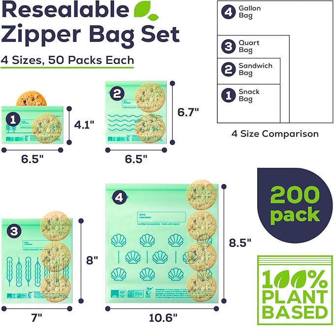 Fit Meal Prep 100% Compostable Food Storage Bags Set, Resealable Bags Plant-Based Freezer Bag for Food, ASTM D6400, US BPI & EU OK Compost Certified