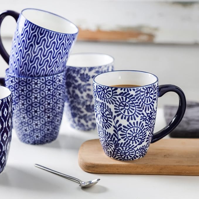 Selamica 16 oz Ceramic Coffee Mugs Set of 6, Ceramic Tea Cup with Handle, Dishwasher oven microwave safe, Vintage Blue