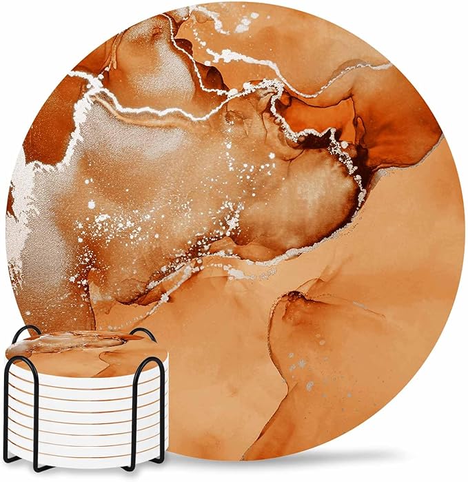 Coasters Set of 8 Orange Marble Drink Coasters with Holder Absorbent Stone Ceramic Cup Mat Abstract Waves Cloud Coaster for Drinks Coffee Bar Office Kitchen Cafe Home Table Decor