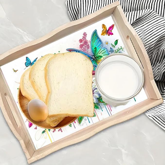 DIY Diamond Art Painting Serving Tray Creative Design Handmade Wooden Rectangular Snack Tray Dinner Plate Drill Craft for Coffee Living Room Home Organizer-Butterfly