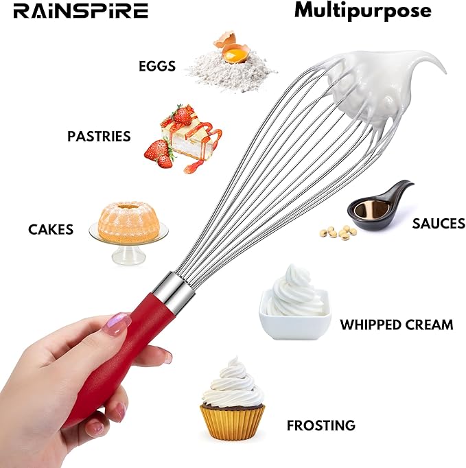 Rainspire 12-Inch Wire Whisk Stainless Steel, Balloon Whisks for Cooking, Wisk Wisking Tool With Soft Silicone Handle, Thick Durable Whisker for Blending, Beating, Whisking, Stirring, Red