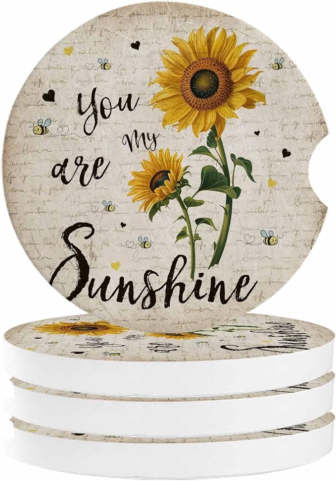 Small Car Coasters for Cup Holders 2.65" Absorbent 4 Pack Car Coaster Ceramic Stone for Drinks Absorb Water Drops You are My Sunshine Sunflower and Bee Letter Texture Retro Style