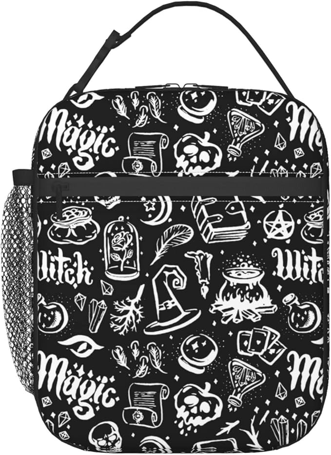 Gianlaima Witchcraft Halloween Skull Maggic Witch Insulated Lunch Box For Women Man, Portable Lunch Bag Reusable Cooler Tote For Office Work Travel Picnic Camping Beach