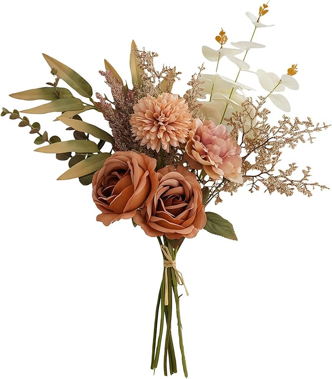 Artificial Flowers Bouquet - Faux Silk Flowers Centerpiece, Realistic Fake Flowers Plants for Home Decor Dining Table, Indoor Vase, Wedding Bouquet Arrangements (Orange)
