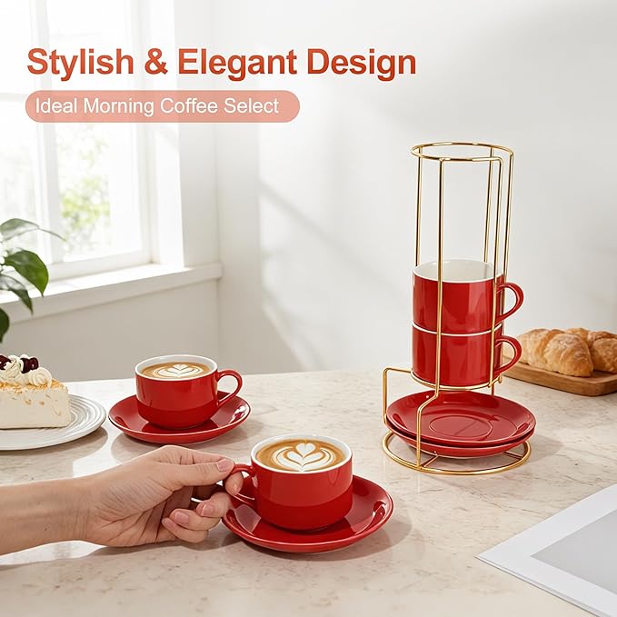 8 Ounce Cappuccino Cups Set of 4, Stackable Cappuccino Mugs, Includes Display Stand, Cups Saucers, and Spoons, for Machines & Home Use, Red, Gold Tone