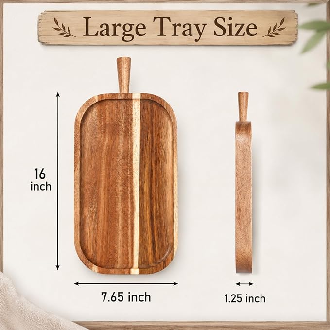 Acacia Wood Serving Board with Raised Tapered Handle, Small Charcuterie Board for Two, Rectangular Cheese Tray for Snacks, Fruit, Meat, Bread, Appetizer, Mom Gift(16''l X 7.65''w X 1.25''d)