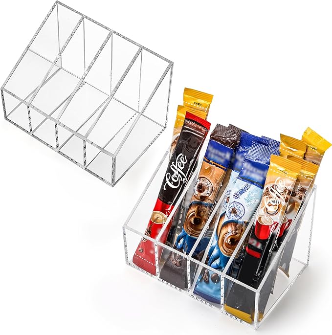 2 Pack Drink Packet Organizers, Clear Acrylic Water Flavor Packet Holder, 4 Compartments Cabinet Organizer Bins, Tea Bag Sugar Packet Storage for Pantry Kitchen Organization Drink Mixes