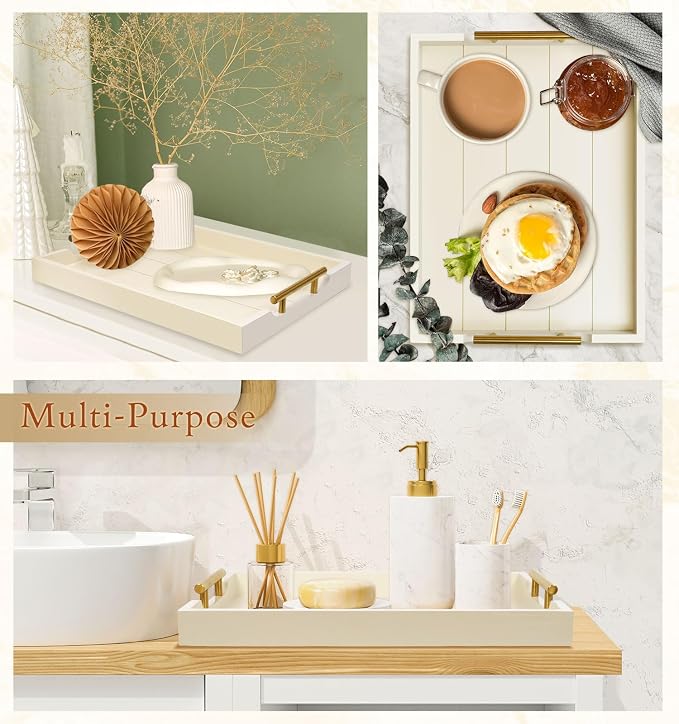SXNOWS Ottoman Tray for Coffee Table & Couch, Large Wooden Serving Tray with 2 Set of Handles - Modern Farmhouse Rectangle Decorative Tray for Living Room Kitchen Includes 4 Coasters, Off-White/Cream