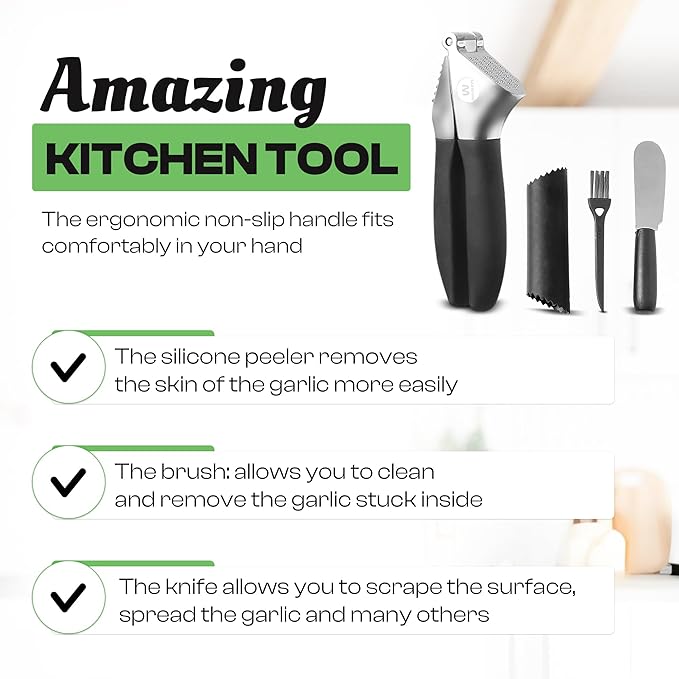 4-in-1 Garlic Press Set - Stainless Steel Garlic Press, Garlic Press, Chopper, Grinder, Grater, Mincer with Peeler, Silicone Tube Roller, Brush and Knife - The Essential Garlic Mincing Kit