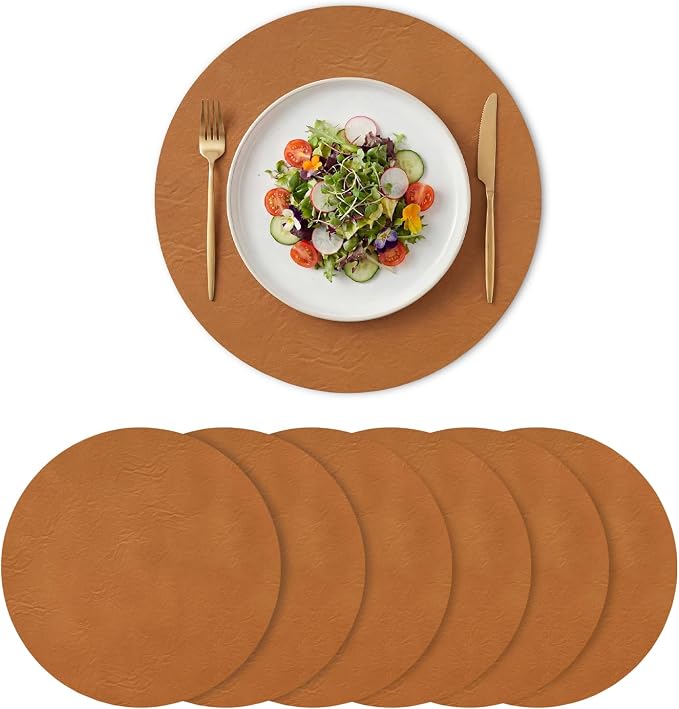 Artoid Mode Rust Faux Leather Placemats Set of 6, 15 Inch Waterproof Wipeable Heat Resistant Vinyl Place Mats, Reversible Table Mats for Fall Kitchen Dining Decor