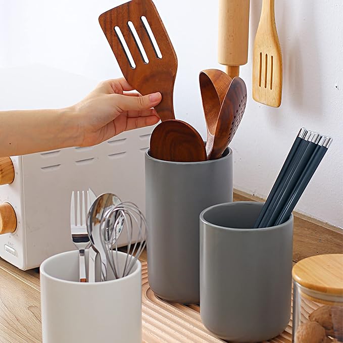 Large Ceramic Utensil Holder for Countertop, Kitchen Utensil Holder with Bamboo Wooden Base, Easy to Clean, Tool Crock, Kitchen Tool Holder for Spatulas and More