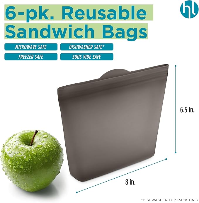 Home Logic Reusable Sandwich Bags - Set of 6 Alloy Grey Silicone Freezer Bags, Airtight Leak Resistant Reusable Zip Bags for Kitchen Home Food Prep, Microwave & Sous Vide Safe