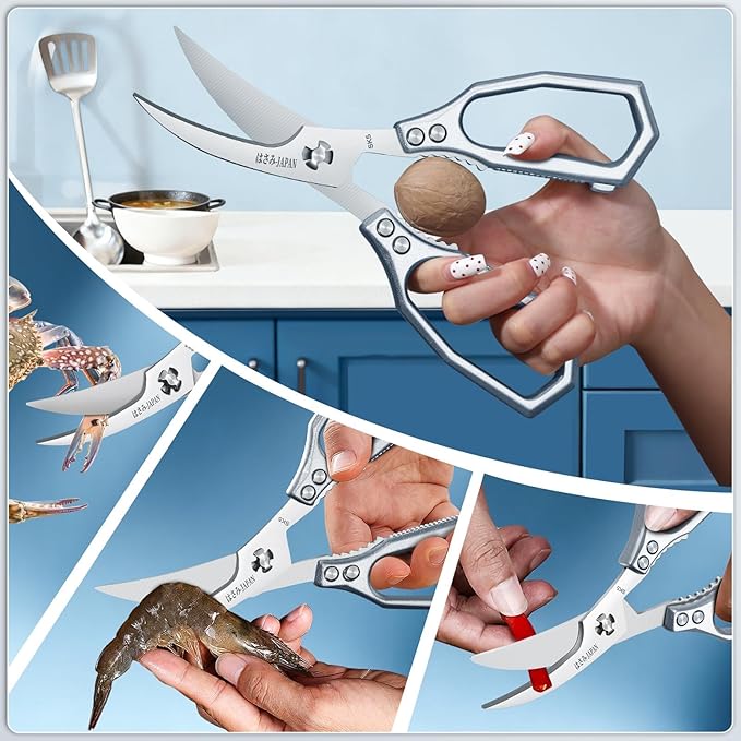 HUUSK Silver Kitchen Scissors Set - Heavy Duty Kitchen Shears for Poultry & Sharp Seafood Scissors for Crab, Shrimp, Lobster, Nuts - Christmas Gift for Men and Women