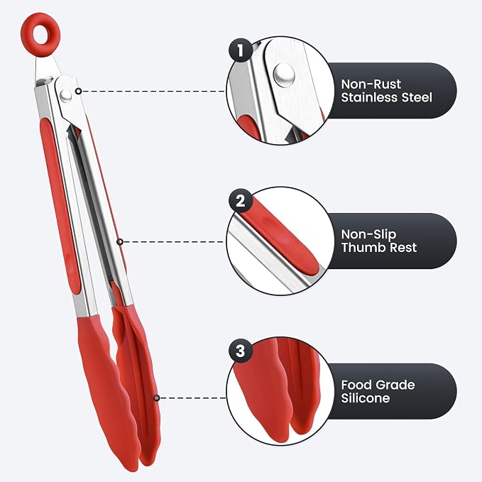 7-Inch Silicone Tongs Pack of 6, Small Stainless Steel Tongs with Silicone Tips for Cooking, Serving, BBQ, Grilling, Salad, Buffet, Party (7", 6PCS, Colorful)