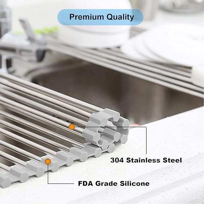 Searik Roll up Dish Drying Rack, Over The Sink Rolling Dish Drainer Rack Multipurpose Foldable Kitchen Stainless Steel Dish Rack Sink Drying Rack for Kitchen Sink Counter (17"x 15.7")