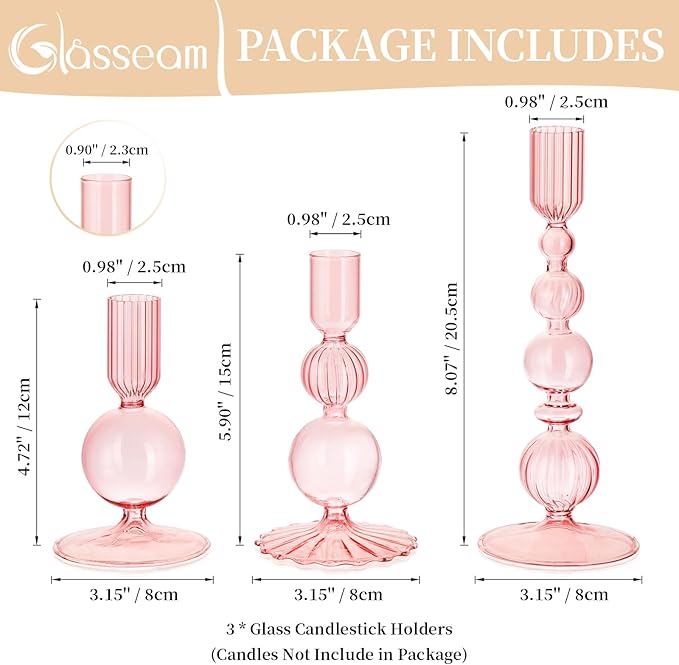 Glasseam Pink Glass Candlestick Holder: Unique Candle Holders Set of 3 Modern Taper Candle Holder Decorative for Table Centerpiece Party Christmas Home Wedding Decoration
