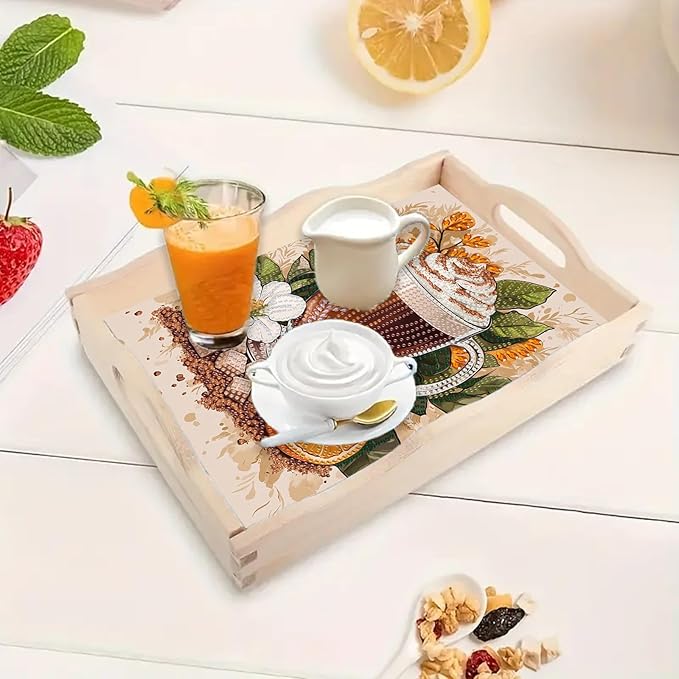 BAYUNOE DIY Diamond Serving Tray Rectangular Breakfast Tray with Handle Handmade Diamond Art Painting Wooden Tray Spring Creative Dinner Plate Coffee Room Living Home Organizer-Coffee