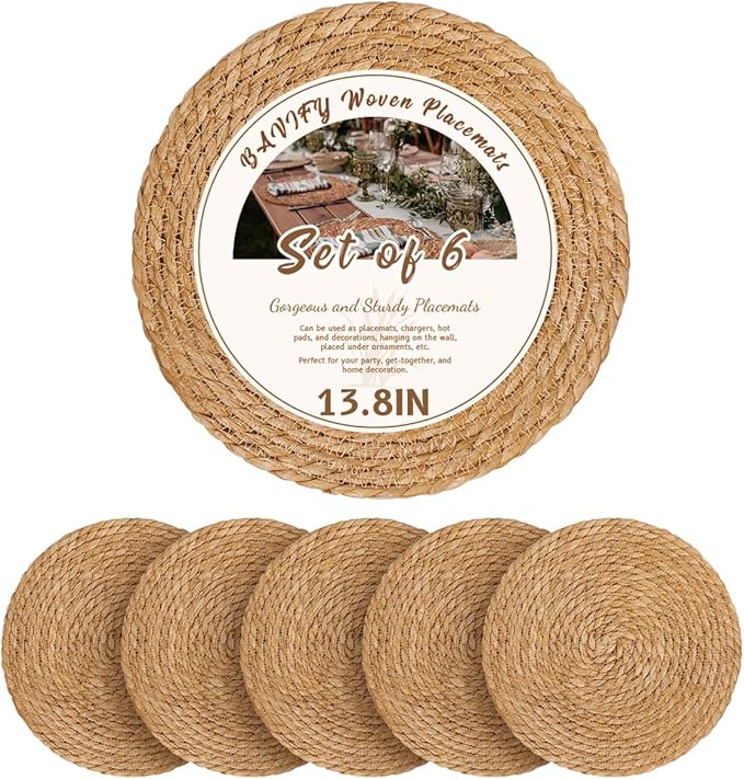 13.8 in Round Woven Placemats Plate Chargers Set of 6, Boho Farmhouse Rustic Woven Place Mats for Dining Table Decor, Rattan Wicker Table Mats Jute Braided Chargers for Dinner Plates