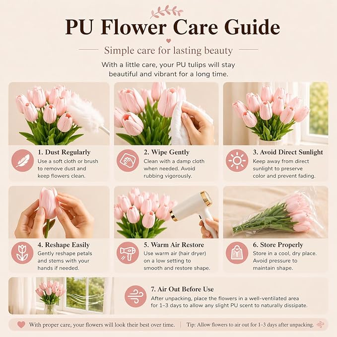 Mandy's Hot Pink Artificial Tulips Flowers Centerpiece, 13.5" Lifelike PU Fake Floral Stems 20pcs for Kitchen Island & Dining Table, Spring Decor for Easter