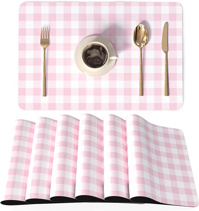QiyI Placemats Set of 6, 12x18 Inch Faux Leather Place Mats for Kitchen Dinning, Heat Resistant Anti Slip Grid Table Mats, Waterproof Wipeable Washable Placemat Party Table Décor, Pink Gingham Check