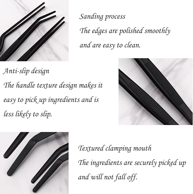 Professional Stainless Steel Food Tongs Stainless Steel Kitchen Tweezers Tongs Set 11.8 Inch Professional Chef Cooking Tools for BBQ Plating Baking (3, Black)