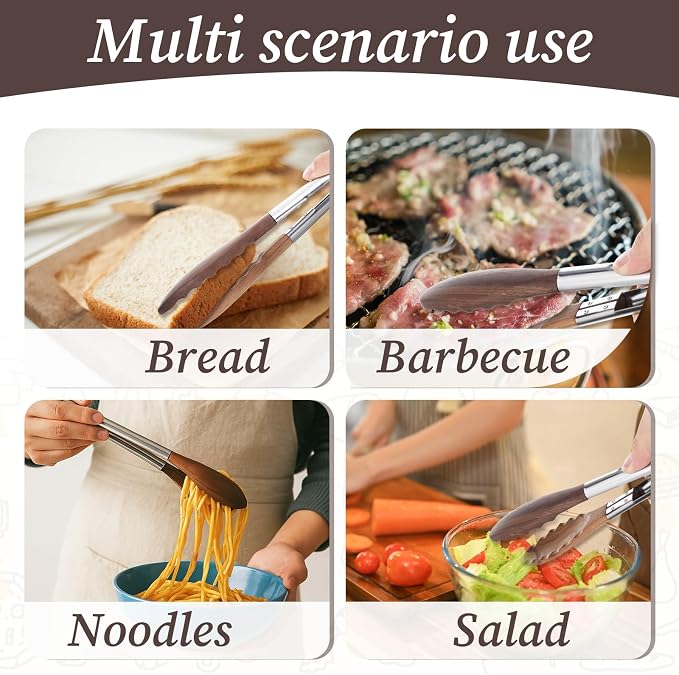 3 Pcs Wooden Tongs for Cooking, 7/9/ 12 Inch Walnut Wood kitchen Tongs Durable Salad Tong with Stainless Steel Handle for Kitchen, Serving Food, BBQ, Buffet - Pull Lock