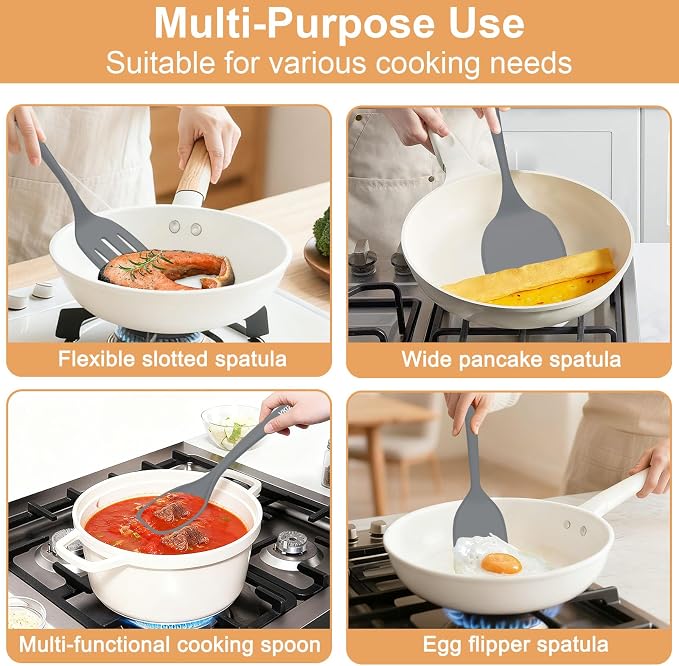 Silicone Spatula Turner Set, 4 Pack, 600°F Heat Resistant Cooking Spatulas, Spoons, BPA Free & Non-Stick Kitchen Utensils, Ideal for Flipping Egg, Pancake, and Serving, Dishwasher Safe (Gray)