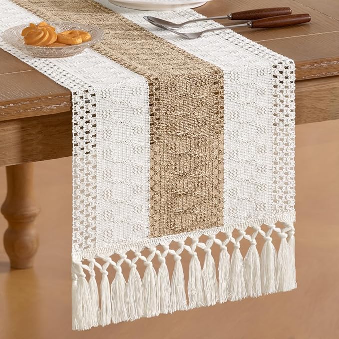 Socomi Boho Table Runner Summer Farmhouse Rustic Dining Kitchen Centerpiece Decor Small Macrame Woven Cotton Linen Coffee Table Runner for Dresser Scarf Home Decor 12x60 inch