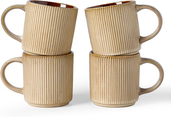famiware Coffee Mug Set for 4, Star 12 oz Catering Mugs Cup Set with Handle for Coffee, Tea, Cocoa, Milk - Ceramic Stoneware Drinkware Set, Cream Cocoa